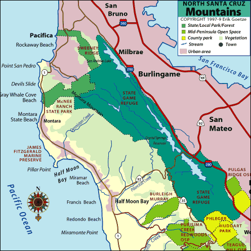 A map showing the north Santa Cruz Mountains, complete with parks, preserves, and links to QuickTime/VR panoramas