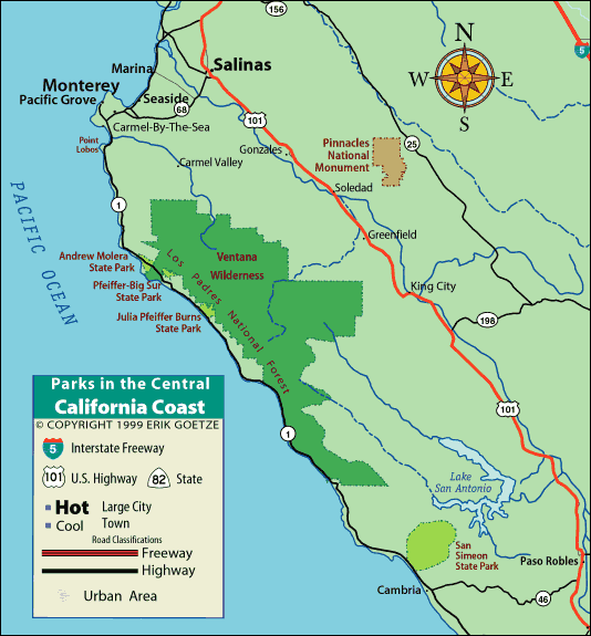 A rough overview map of the Central Coast area, showing which parks have panoramic content.