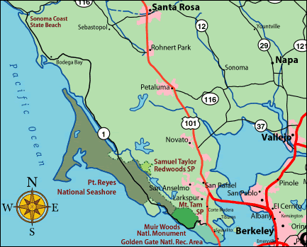 A rough overview map of the North Bay area, showing which parks have panoramic content.
