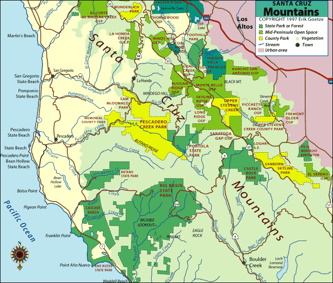 A map showing the middle Santa Cruz Mountains, complete with parks, preserves, and links to QuickTime/VR panoramas